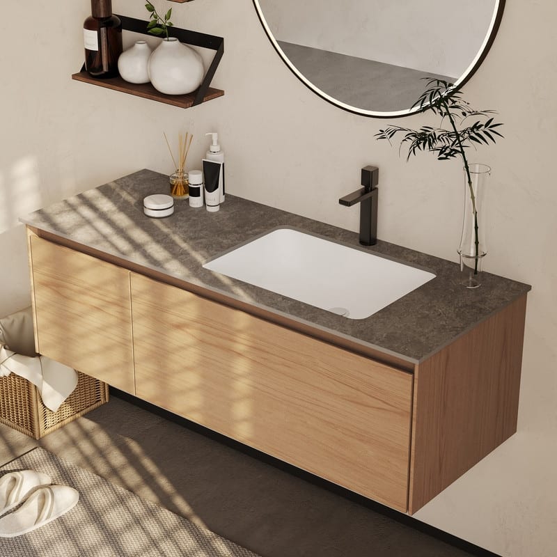47.24 Single Bathroom Vanity, Modern, Gray Stone Stop, Light Solid Wood