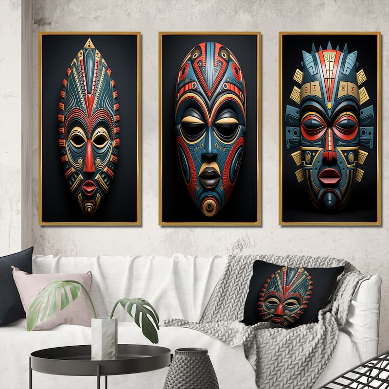 Designart "African Tribal Pende Mask III" African Tribal Framed Wall Art Set Of 3 Frame Gallery Wall Set For Home Decor - 50 in. wide x 32 in. high - 3 Panels - Gold