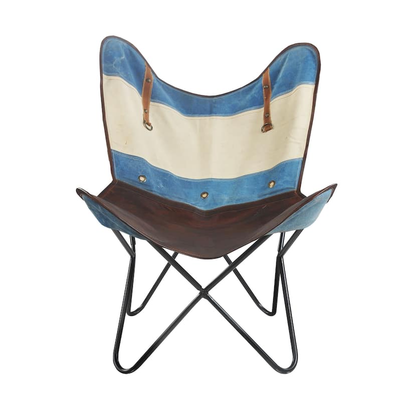 37" Blue Off-White Striped Faux Leather Sling-Style Butterfly Chair