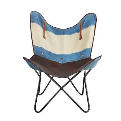 37" Blue Off-White Striped Faux Leather Sling-Style Butterfly Chair