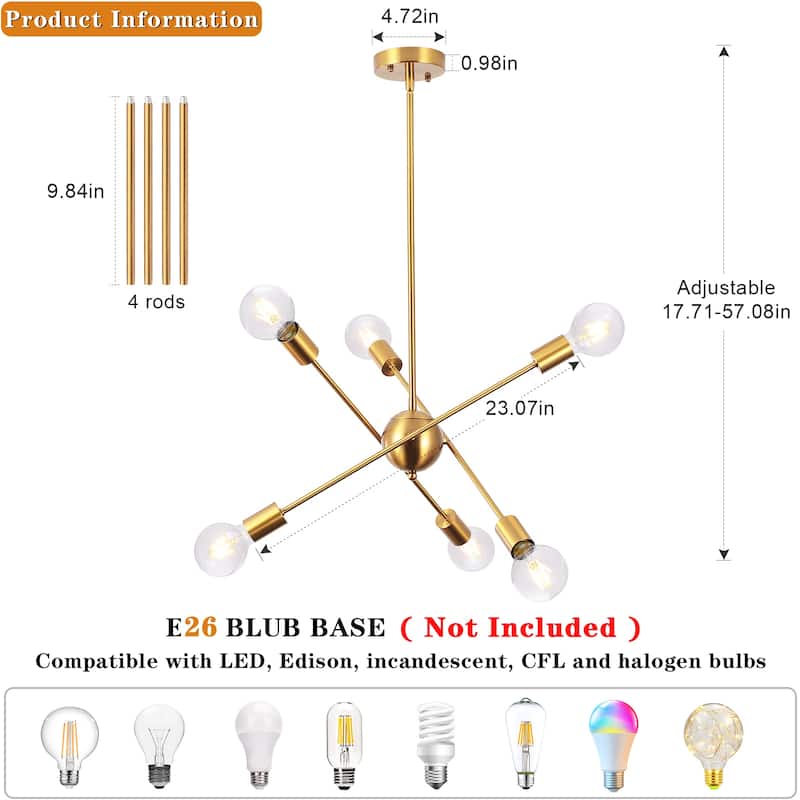 6-Light Sputnik Chandelier for Living Room Bedroom