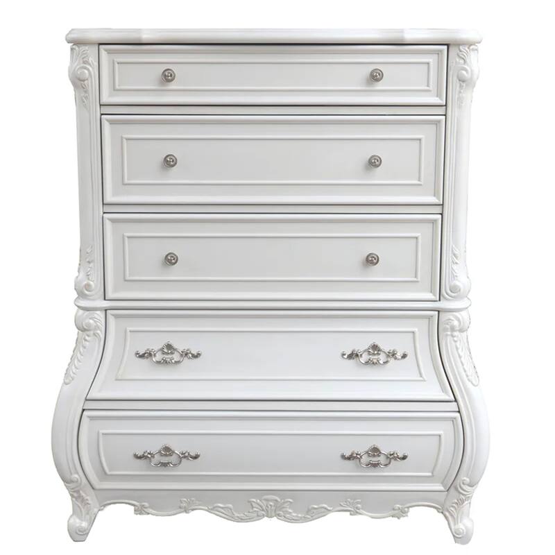 Valena Tall Dresser Chest, 5 Drawers, White Solid Wood, Metal Handles