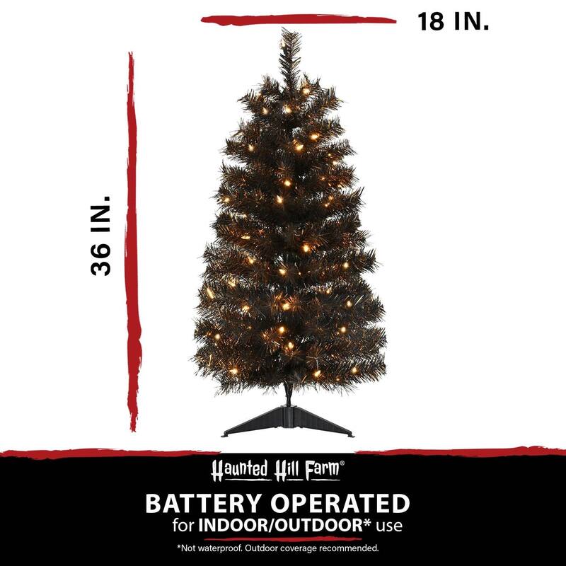 Haunted Hill Farm 3-Ft. Spooky Black Tinsel Tree, Warm White LED Lights