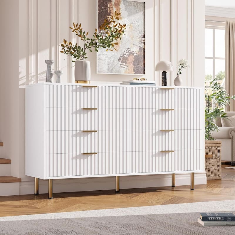 Fluted 8 Drawer Double Dresser for Bedroom, Living Room, Hallway
