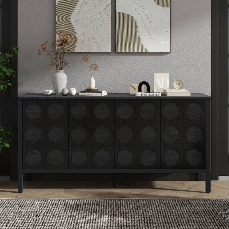 Storage Cabinet Sideboard Wooden Cabinet with Unique Geometric Circle Door Design,Suitable for Entrance and Living Room - Black