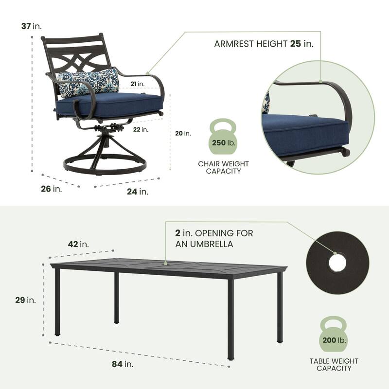 Hanover Montclair 9-Piece Dining Set in Navy Blue with 8 Swivel Rockers and a 42-In. x 84-In. Table