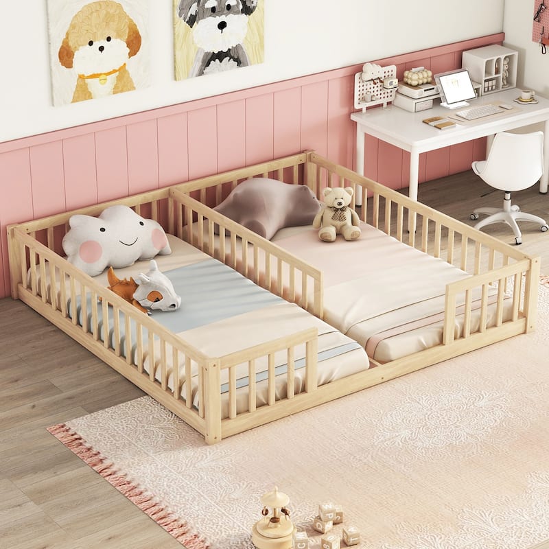 Double Twin Floor Bed with Fence and Guardrails, Natural Pine and Plywood, Assembly Required - Natural