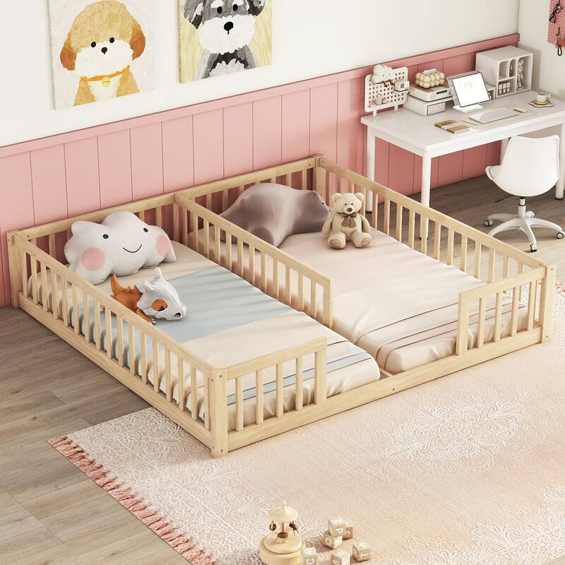 Roomfitters Double Twin Floor Bed Frame with Fence and Guardrails, Low Profile Shared Platform Bed, No Door Design - Natural - Twin