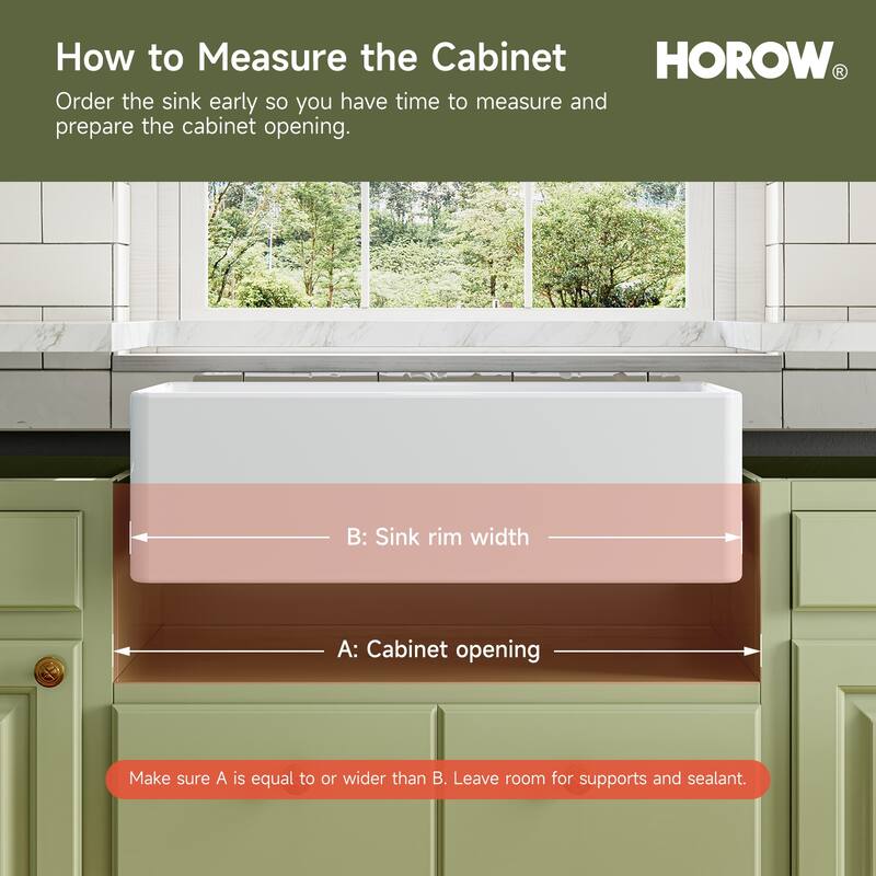 HOROW 33 in. White Fireclay Rectangular Farmhouse Apron-Front Kitchen Sink, Single Bowl with Grid and Strainer