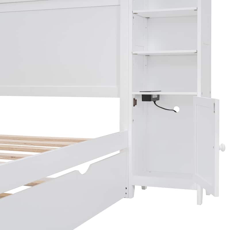 Modern Wooden Bed with Cabinet, Shelf & Sockets