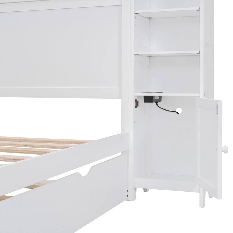 Wood Slat Support Platform Bed with Trundle & Sockets, White Headboard with All-in-One Cabinet and Shelf - Full Size Bed Frame