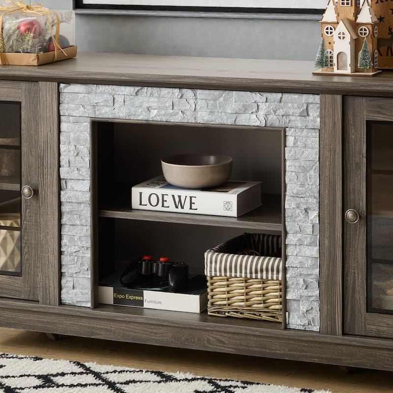 58" Modern TV Stand with Faux Stone Surround, Media Console Cabinet with 2 Doors and Shelves for TVs up to 75"