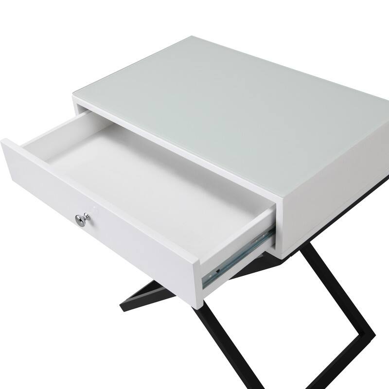 Koda Wooden Side Table Nightstand w/ Glass Top, Drawer and Metal Base