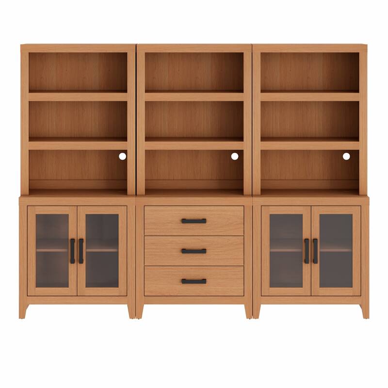 WAMPAT 74" Tall Bookshelf with Glass Doors and Drawers, Farmhouse Bookcase with Adjustable Shelves