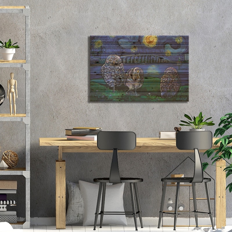 Burrowing Owls In The Starry Night Print On Wood by Amanda Zirzow - Multi-Color