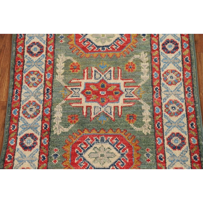 Green Geometric Kazak Oriental Foyer Rug Hand-Knotted Wool Carpet - 2'0" x 3'0"