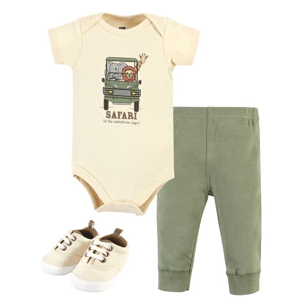 slide 1 of 1, Hudson Baby Infant Boy Cotton Bodysuit, Pant and Shoe Set, Going On Safari Short Sleeve 0-3 Months - Going On Safari Short Sleeve