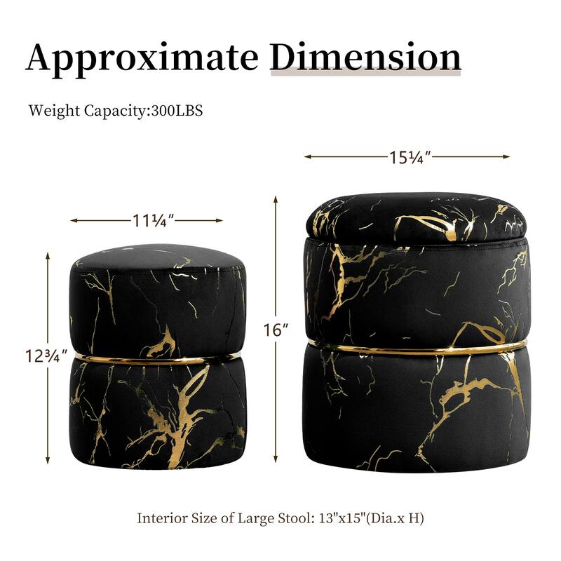 Round Ottoman Set of 2 with Storage, Upholstered Sherpa Vanity Stool for Makeup, Multifunctional Ottomans - Black