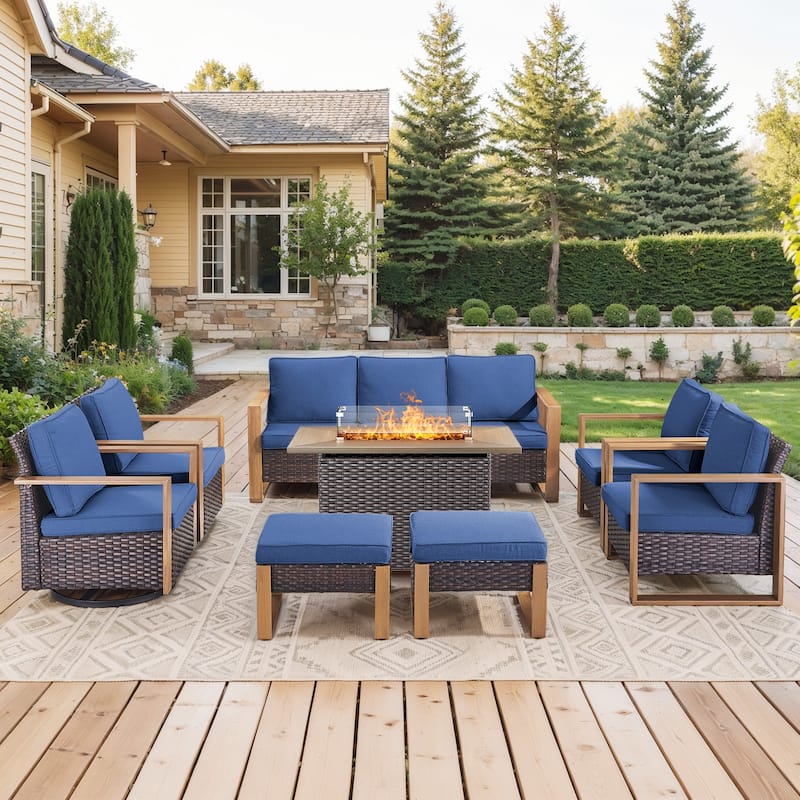 Meyreso Wicker Outdoor Patio Fire Pit Set with Swivel Gliders and Olefin Cushions