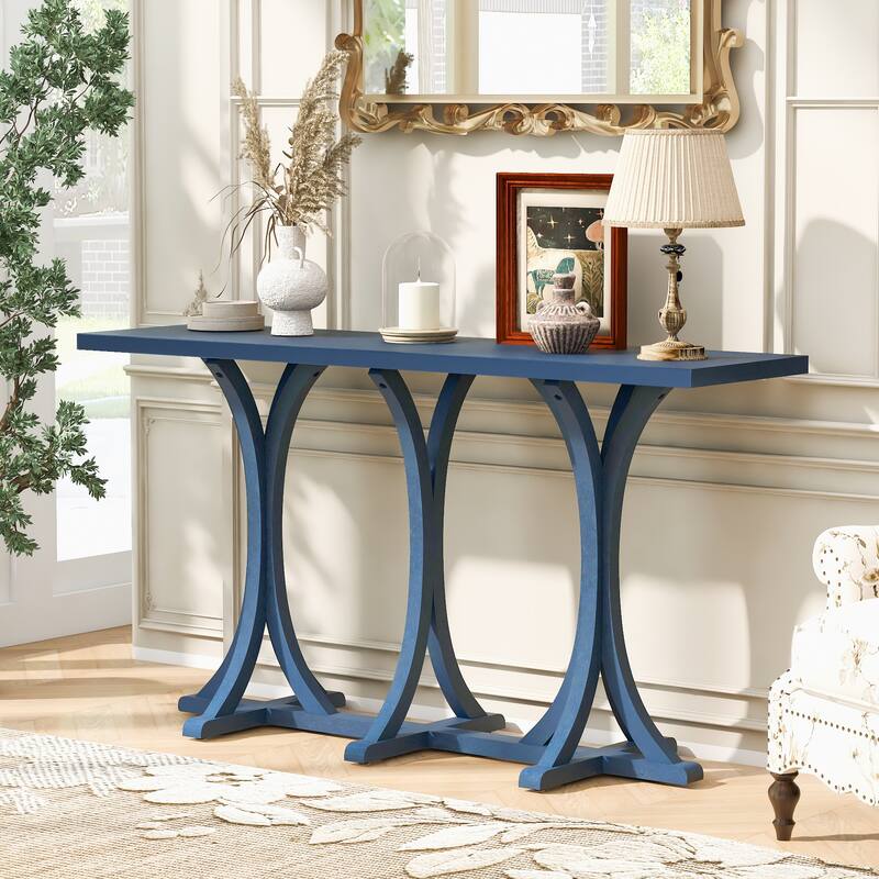 Wooden Console Table with Rectangular Oak Veneer Top, Farmhouse Entryway Table with Rubber Wood Slender Curved Legs