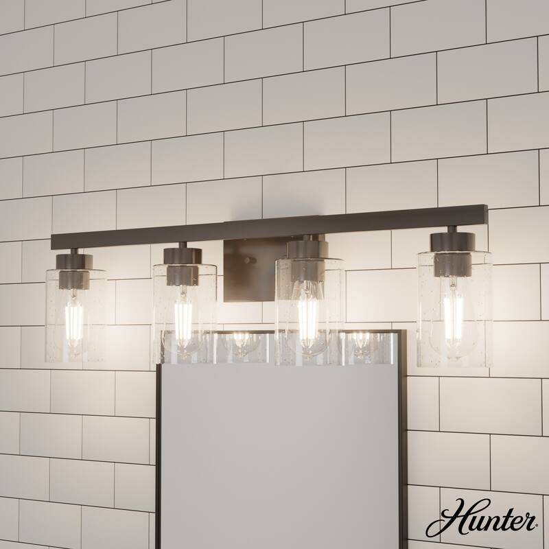 Hunter Hartland Bathroom Vanity Wall Light, Damp Rated - Transitional, Rustic, Contemporary - Clear Seeded Glass - 4-Light - Noble Bronze