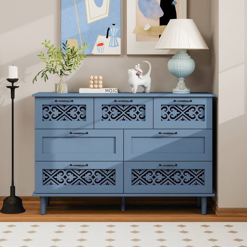 Blue Storage Closet Decorative Cabinet with Symmetrical Floral Pattern, Chic Buffet Cabinet Cupboard with Metal Handles