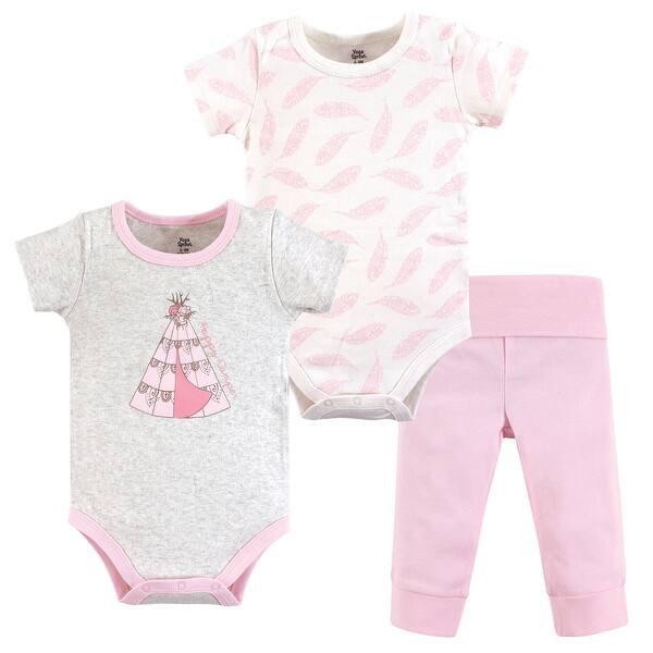 slide 1 of 1, Yoga Sprout Baby Girl Cotton Layette Set, Pink Feathers 0-3 Months - Teepee
