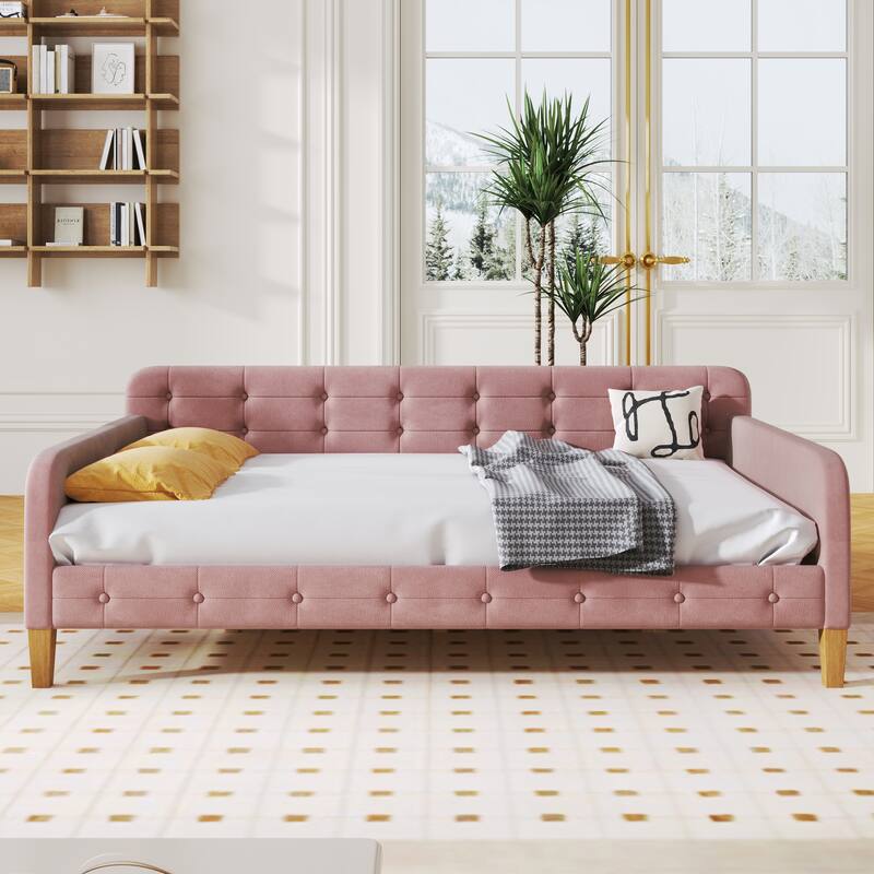 Button Backrest Upholstered Platform Bed Frame, Twin XL Size Daybed with LED Belt and Slats, Pull-out Trundle Bed
