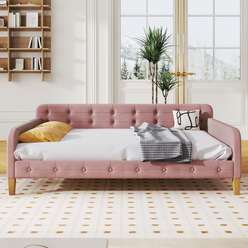 Full Size Velvet Upholstered Daybed Frame with Tufted Backrest & 4 Legs