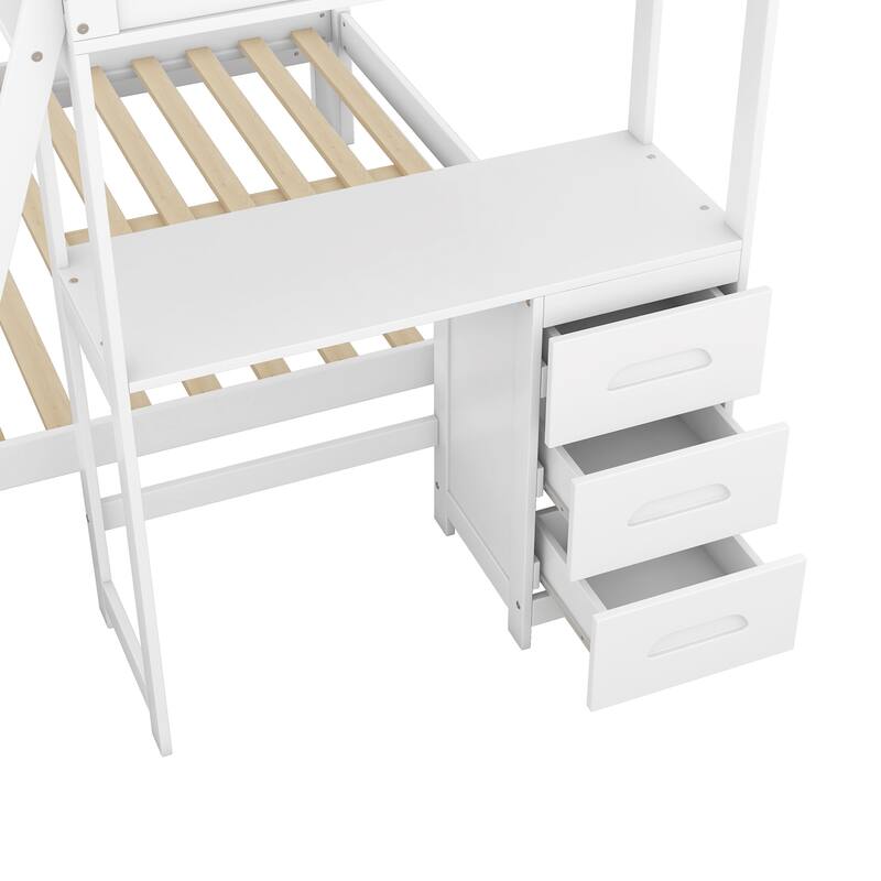 Twin Over Full Bunk Bed with Built-in Desk and Three Drawers, White