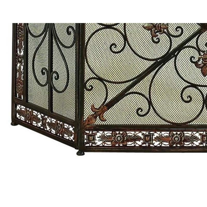 Traditional 3 Panel Metal Fire Screen With Filigree Design, Bronze, Black