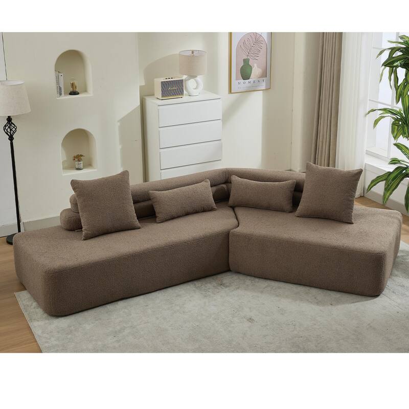 128" Minimalist Cloud Sectional Couch, 4-Seater, Brown Boucle Teddy Fabric Sofa, No Assembly - Multi-Color