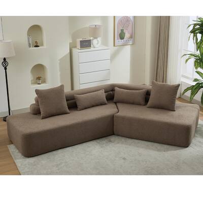 128" Minimalist Cloud Sectional Couch, 4-Seater, Brown Boucle Teddy Fabric Sofa, No Assembly