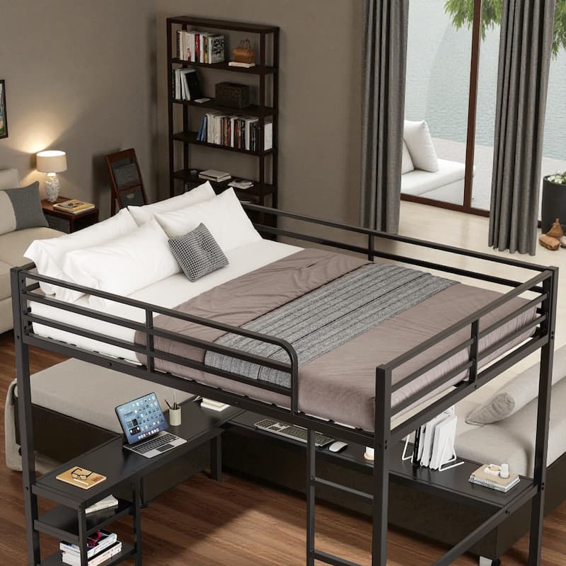 Full Size Metal Loft Bed with L-Shaped Desk & Shelves, Heavy-Duty Frame with Guardrails & Ladder, Vintage Wood Finish