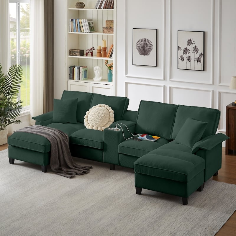 121.2" Modular Corduroy Sectional Sofa with Storage Console and Chaise Footrests