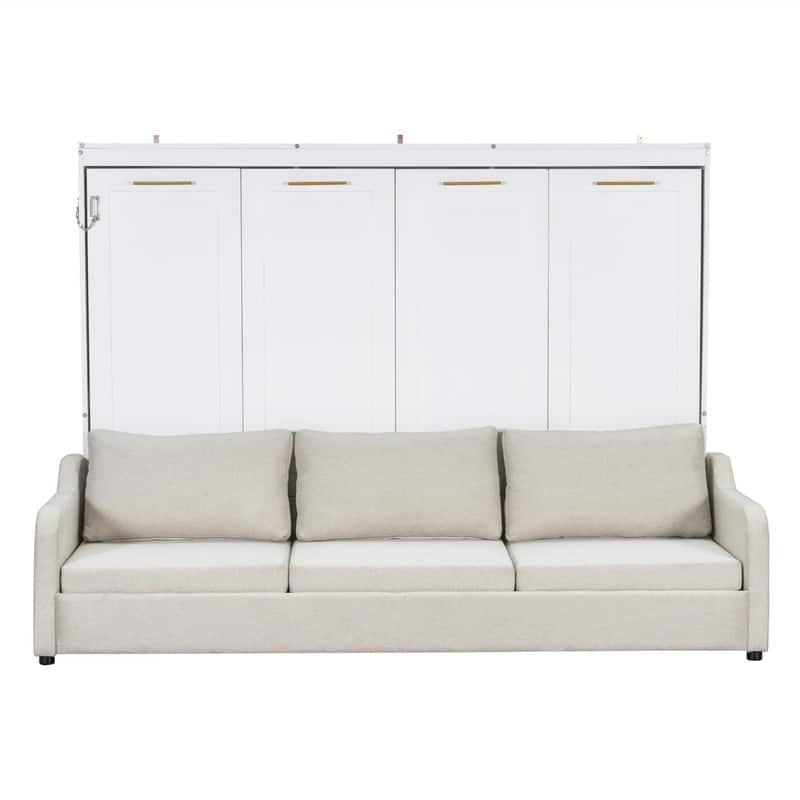 Full/Queen Size Murphy Wall Bed with LED Light and Folding Sofa, Space Saving Design Murphy Cbainet Bed wiht Storage Shelves