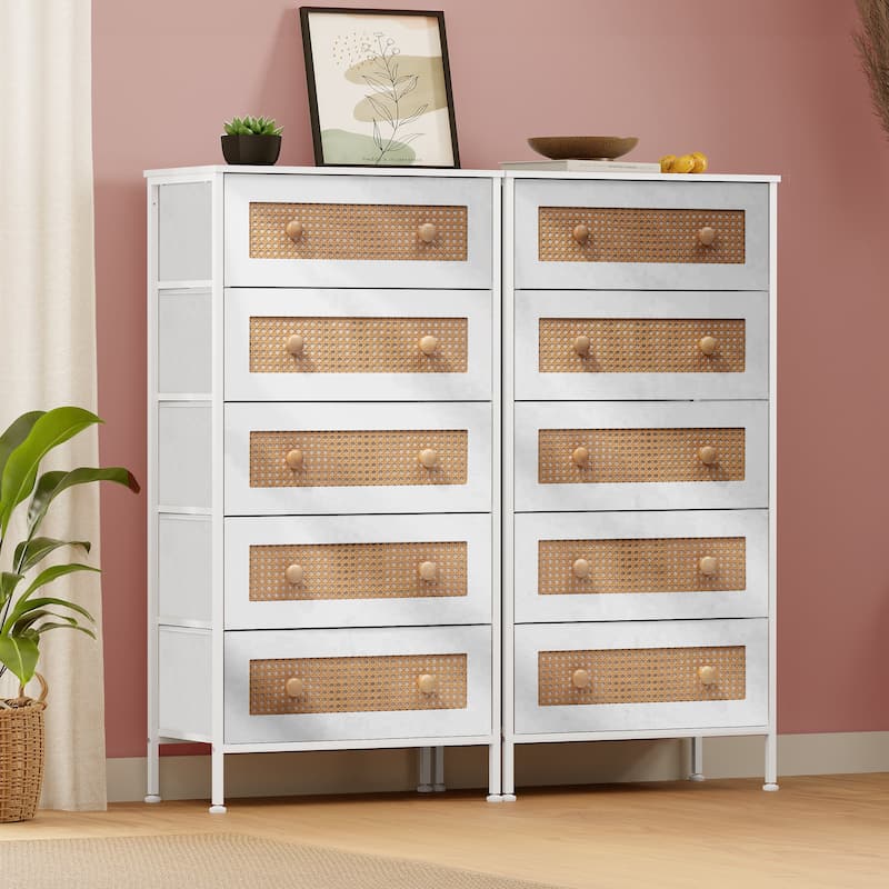 Crestlive Dresser Closet PE Wicker Rattan Storage Tower Organizer Chest of 5 Drawers - 2-piece Set, White