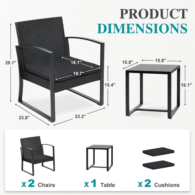 Aoodor 3-Piece Patio Furniture Set, Outdoor Rattan Wicker Chairs and Coffee Table