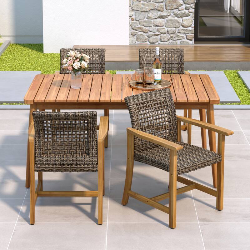 Roomfitters 5-Piece Outdoor Dining Set, Acacia Wood Patio Table and 4 Wicker Armchairs for Garden Deck Poolside, Brown - Brown Mix,Teak