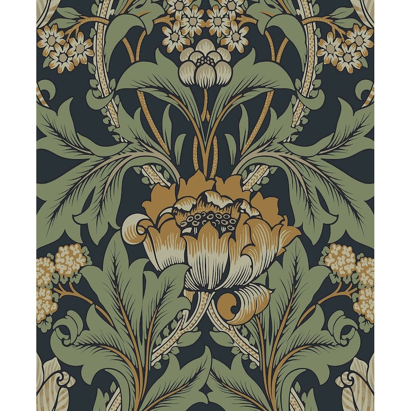Seabrook Designs Primrose Garden Non-Woven Unpasted Wallpaper - 20.9 in W x 33 ft L - Midnight Blue & Goldenrod