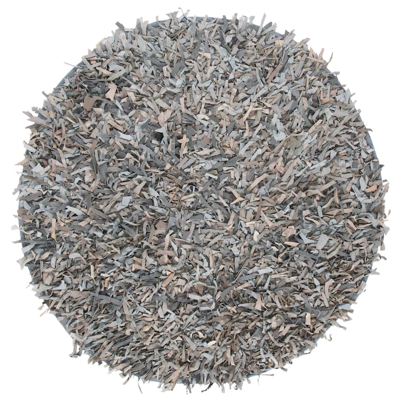 SAFAVIEH Handmade Leather Shag Blayne Modern Leather Rug - 5' Round - Grey/Beige