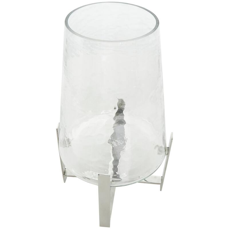 Stainless Steel Metal Hurricane Lamp with Stainless Steel X Shaped Base - Clear - Roche River Decor