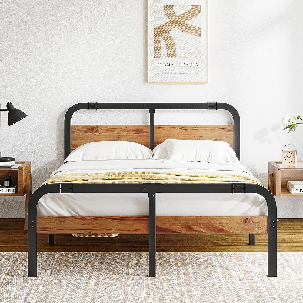 Heavy Duty Bed Frame with Wooden Headboard and Footboard, Noise-Free, Easy Assembly