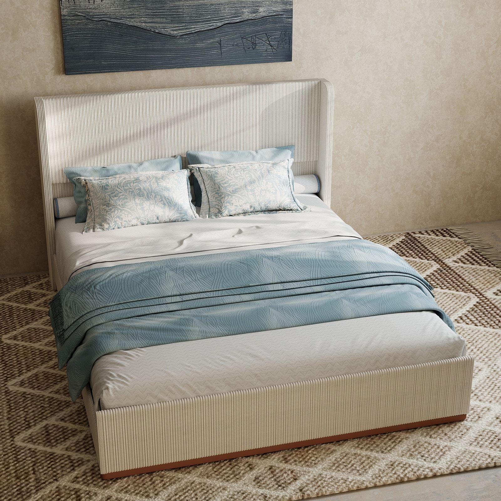 Queen Size Upholstered Bed Frame, 47" Luxury Wingback Headboard - Cream Corduroy