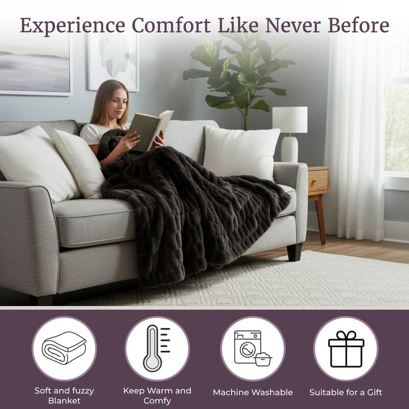 Oversized Ruched Faux Fur Blanket - 60x80-Inch Queen-Size Throw by Lavish Home