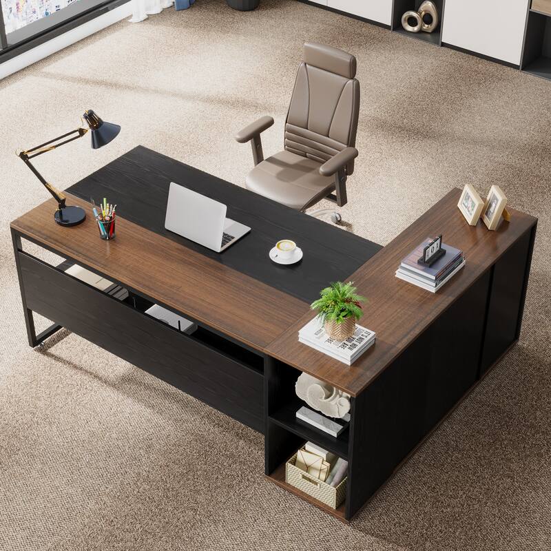 71 inch Executive Desk, L Shaped Desk with Cabinet and Shelves for Home Office