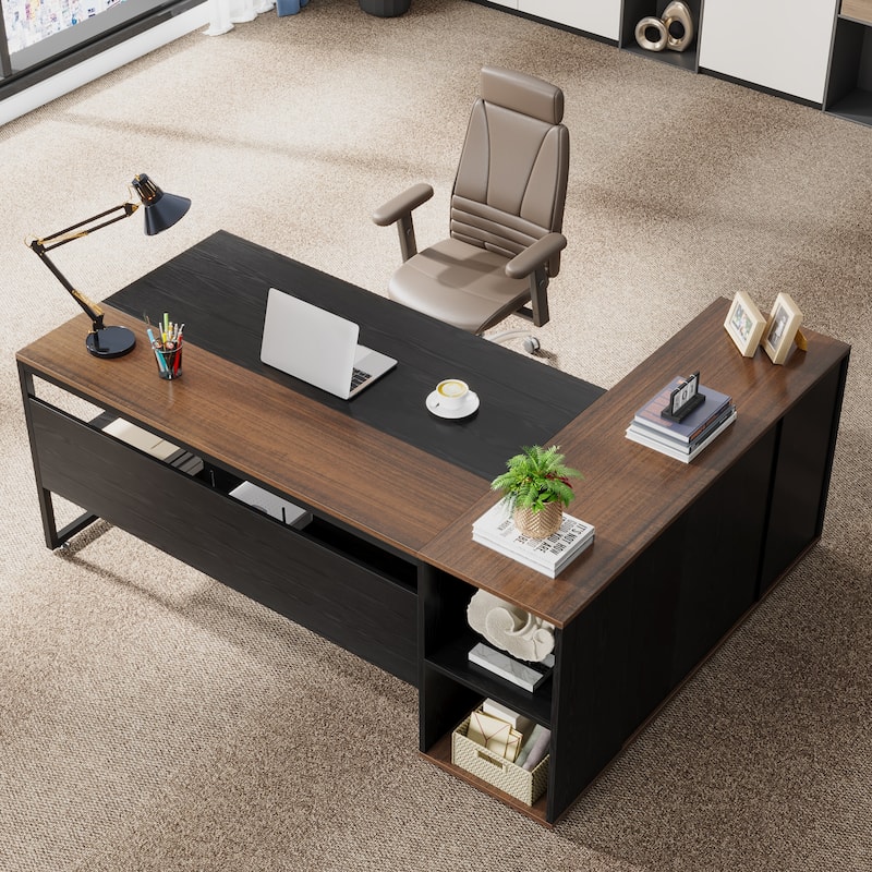 71 inch L Shaped Executive Desk with Cabinet, Corner Computer Desk (Rustic Brown)