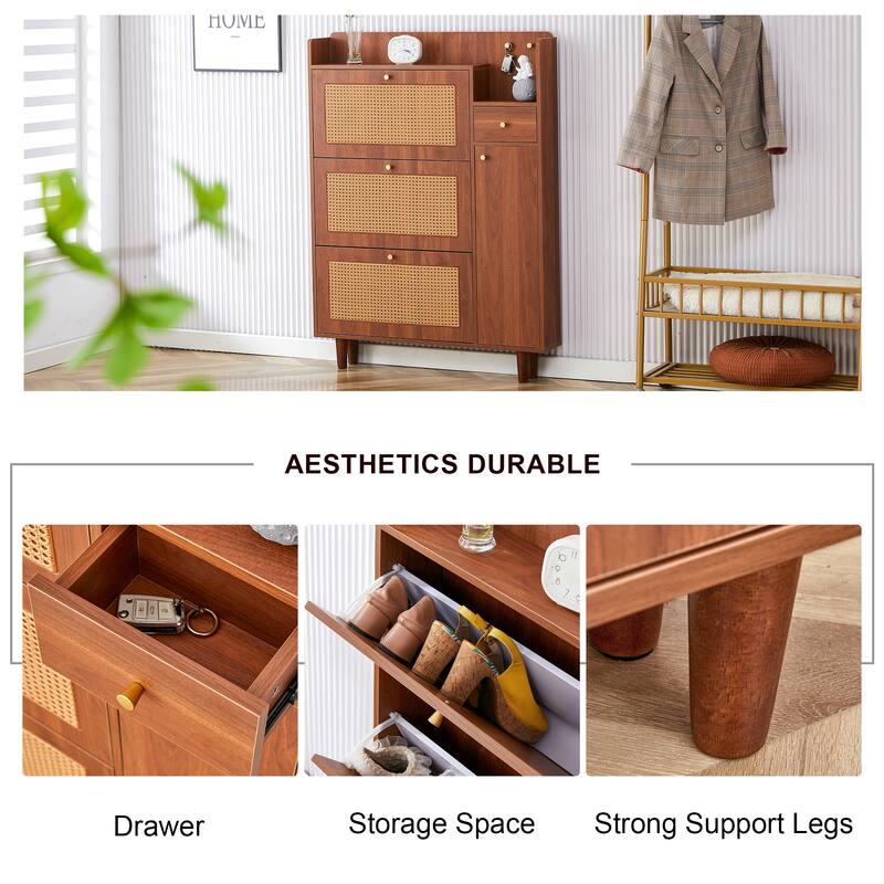 Elegant Rattan-Like Shoe Cabinet, Retro MDF Storage Organizer for Hallway, 37.40 x 6.61 x 49.49 inches