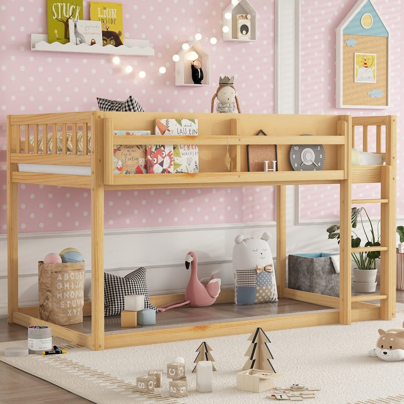 Low Twin Over Twin Bunk Bed, Floor Bunk Bed with Ladder, Solid Wood Twin Bunk Bed for Kids & Juniors