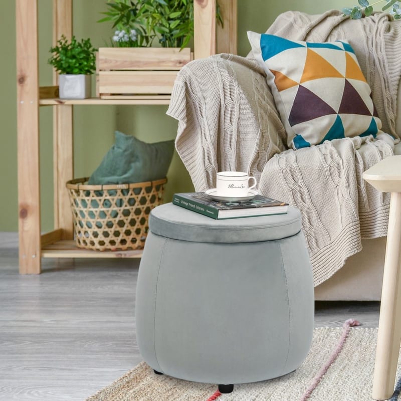 Adeco Velvet Round Storage Ottoman with Removable Lid, Footrest Stool